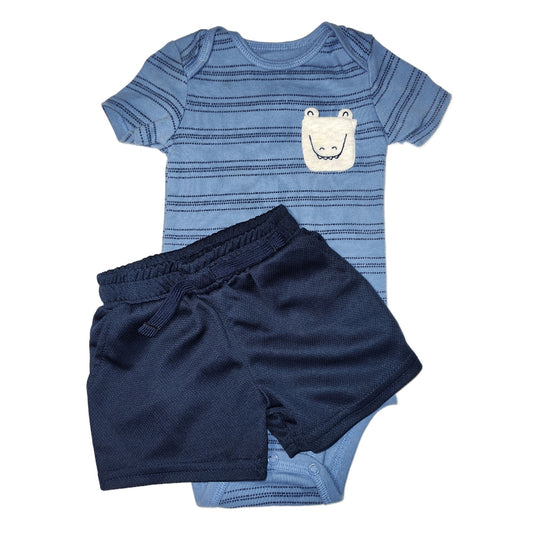 9-12 Boys Just One You Dusty Blue Onesie w/Alligator Pocket, Garanimals Blue Athletic Shorts