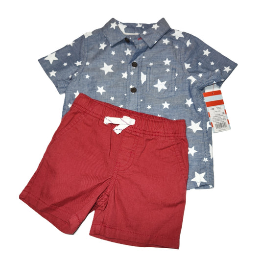 9-12 Boys Cat & Jack NWT Chambray Button Down w/Stars, Red Shorts