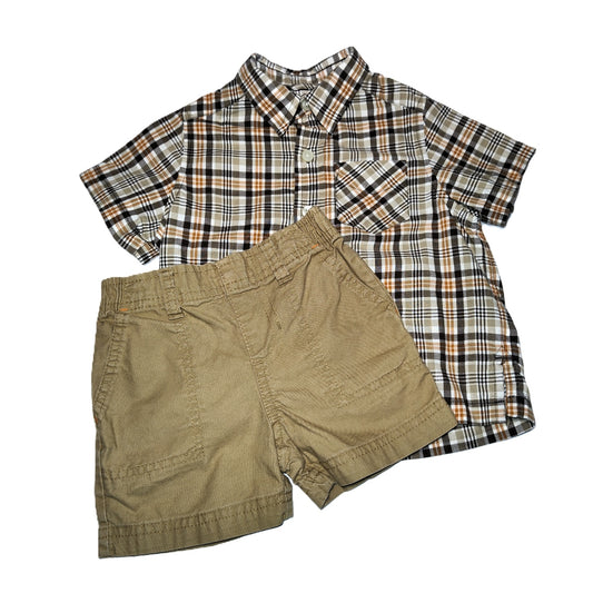 9-12 Boys The Children's Place Brown Plaid Button Down Shirt, Circo Khaki Shorts