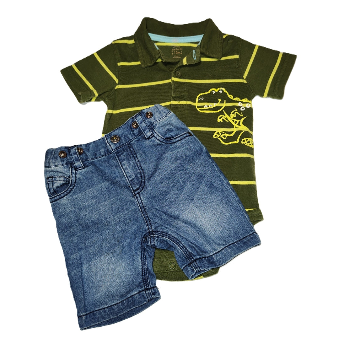 9-12 Boys Carter's Army Green/Neon Yellow Onesie w/Dino, Truly Scrumptious Denim Shorts