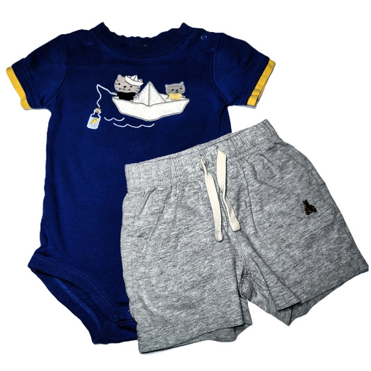 6-12 Boys Gymboree Royal Onesie w/Cats in Sailboat, Baby Gap Shorts