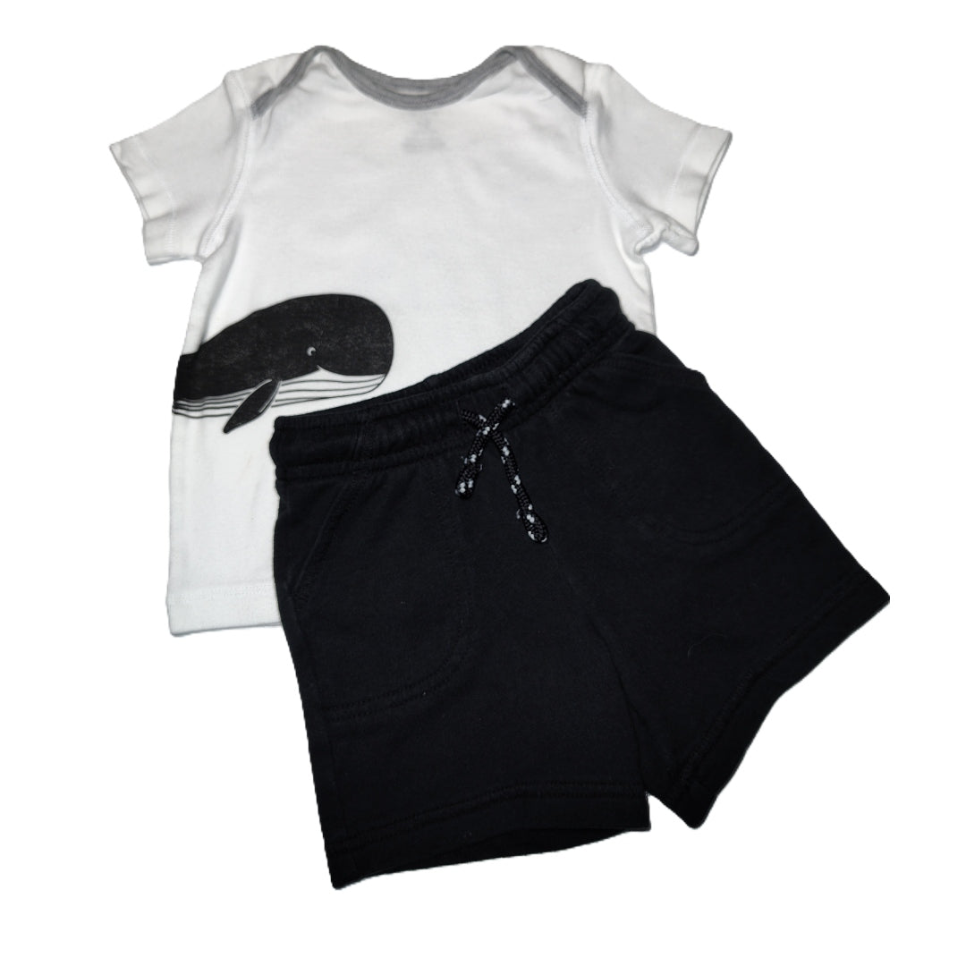 9-12 Boys Carter's White Shirt w/Whale, Cat & Jack Shorts