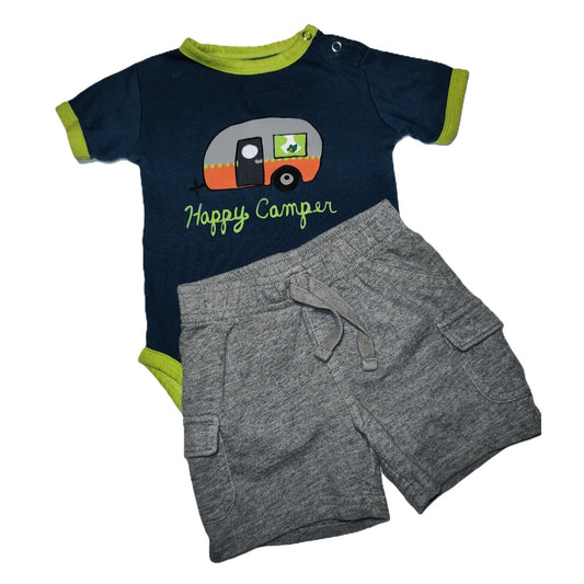 9-12 Boys Lazy One Dark Teal Happy Camper Onesie, Jumping Beans Shorts