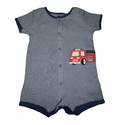 9-12 Boys Carter's Dusty Blue/White Romper w/Fire Truck