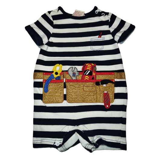 9-12 Boys Toffee and Apple Blue/White Striped Construction Romper