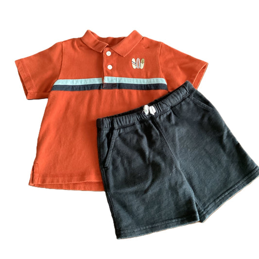 18-24 Boys Gymboree Rust Polo w/Black/Gray Stripes, Carter's Black Shorts
