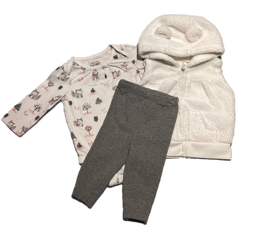 0-3 Girls Jumping Beans Onesie, Carter's Leggings, Fleece Vest