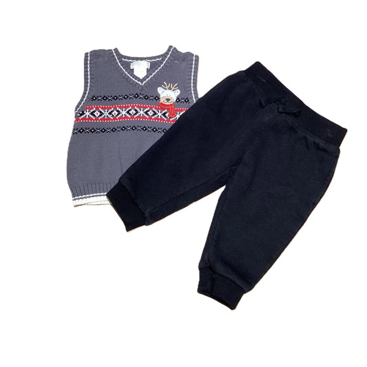 6-9 Boys First Moments Layette Reindeer Sweater Vest, Place Black Sweatpants