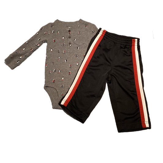 9-12 Boys Carter's Gray Penguin Henley Onesie, Baby Q Track Pants