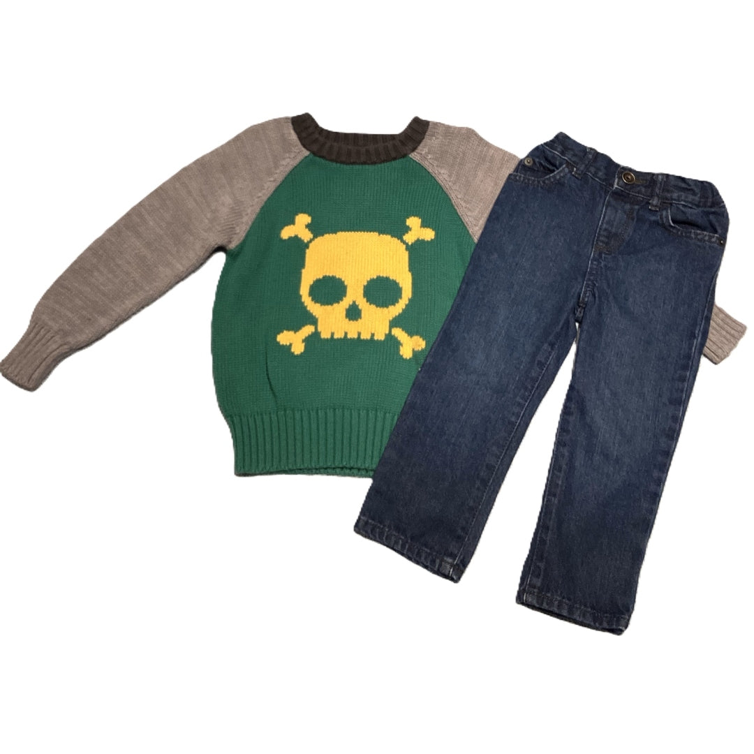 2T Boys Old Navy Gray and Green Skull Sweater, Childrens Place Jeans