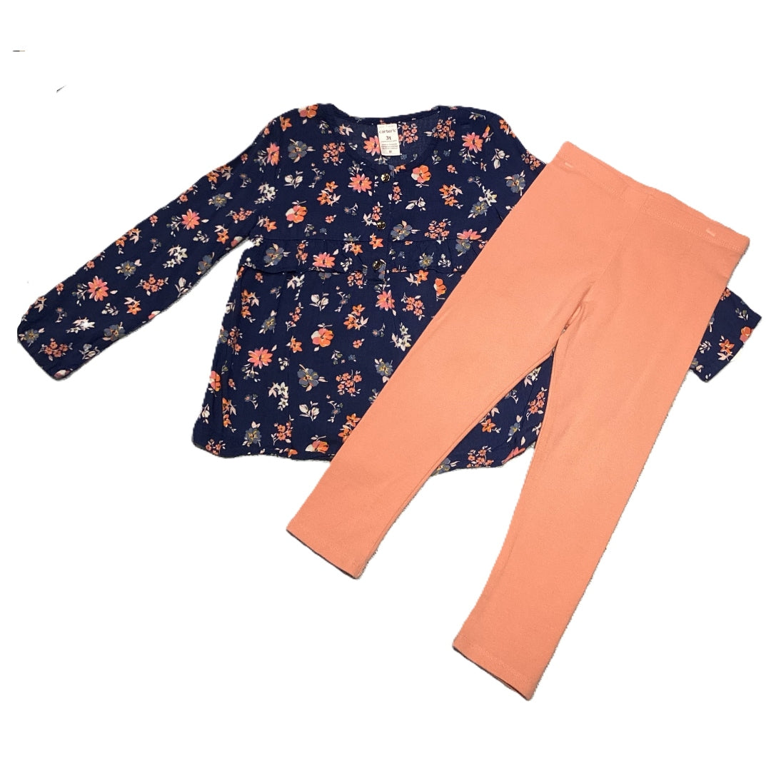 3T Girls Carter's Blue Flowered Blouse, Cat & Jack Leggings