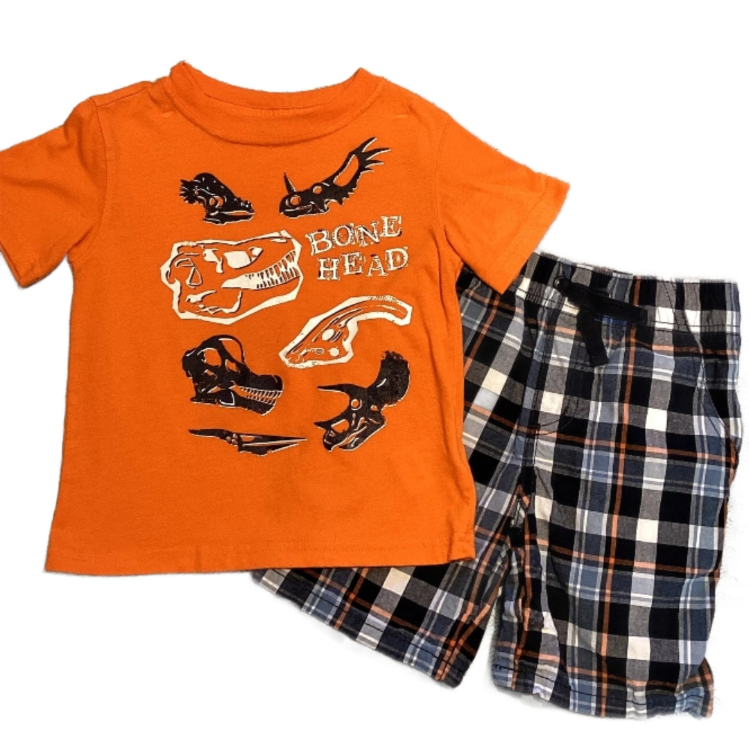 2T Boys Toughskins Orange Bone Head Dinosaur Tshirt, Gymboree Plaid Shorts