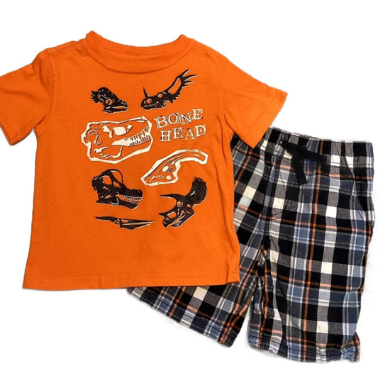 2T Boys Toughskins Orange Bone Head Dinosaur Tshirt, Gymboree Plaid Shorts