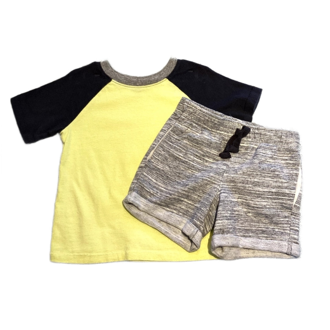 2T Boys Old Navy Yellow and Navy Blue Tshirt, Jumping Beans Gray Cloth Shorts