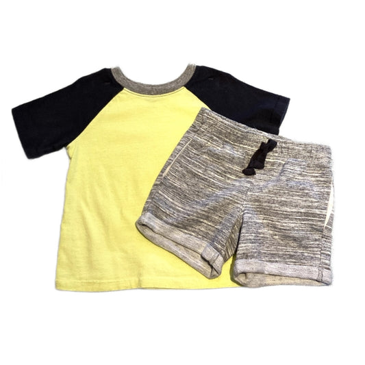 2T Boys Old Navy Yellow and Navy Blue Tshirt, Jumping Beans Gray Cloth Shorts