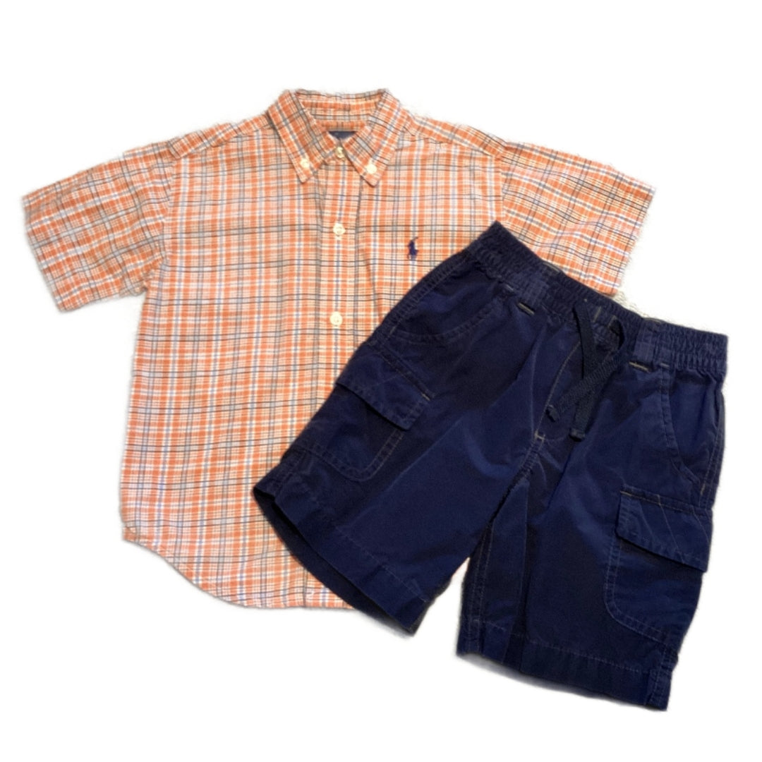 2T Boys Ralph Lauren Orange and Blue Striped Button Down, Old Navy Navy Blue Cargo Shorts