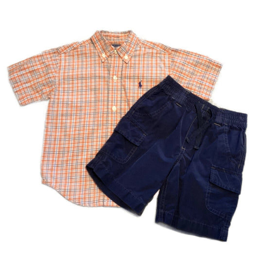 2T Boys Ralph Lauren Orange and Blue Striped Button Down, Old Navy Navy Blue Cargo Shorts