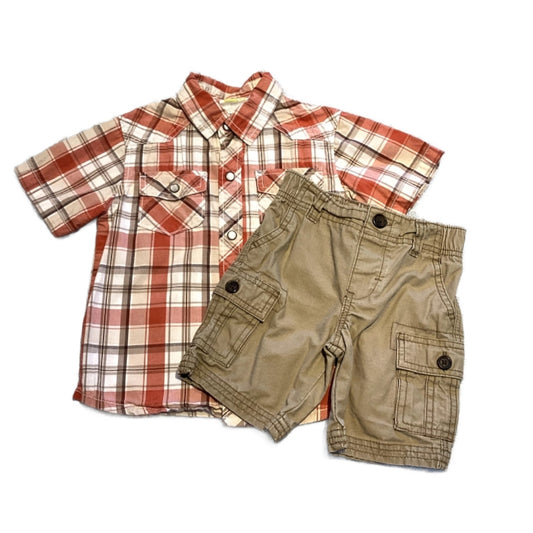 2T Boys Crazy 8 Orange and Brown Plaid Button-Down, Carter's Cargo Shorts