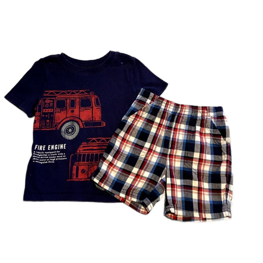 2T Boys Old Navy Firefighter Tshirt, Jumping Beans Red, Blue and White Plaid Shorts