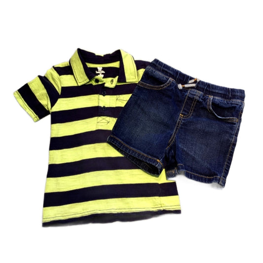 2T Boys Koala Kids Neon Yellow/Green and Navy Blue Polo, Jumping Beans Denim Drawstring Shorts