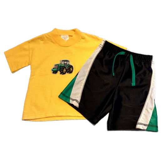2T Boys Tractor Yellow Tshirt, Wonder Kids Black and White Athletic Shorts