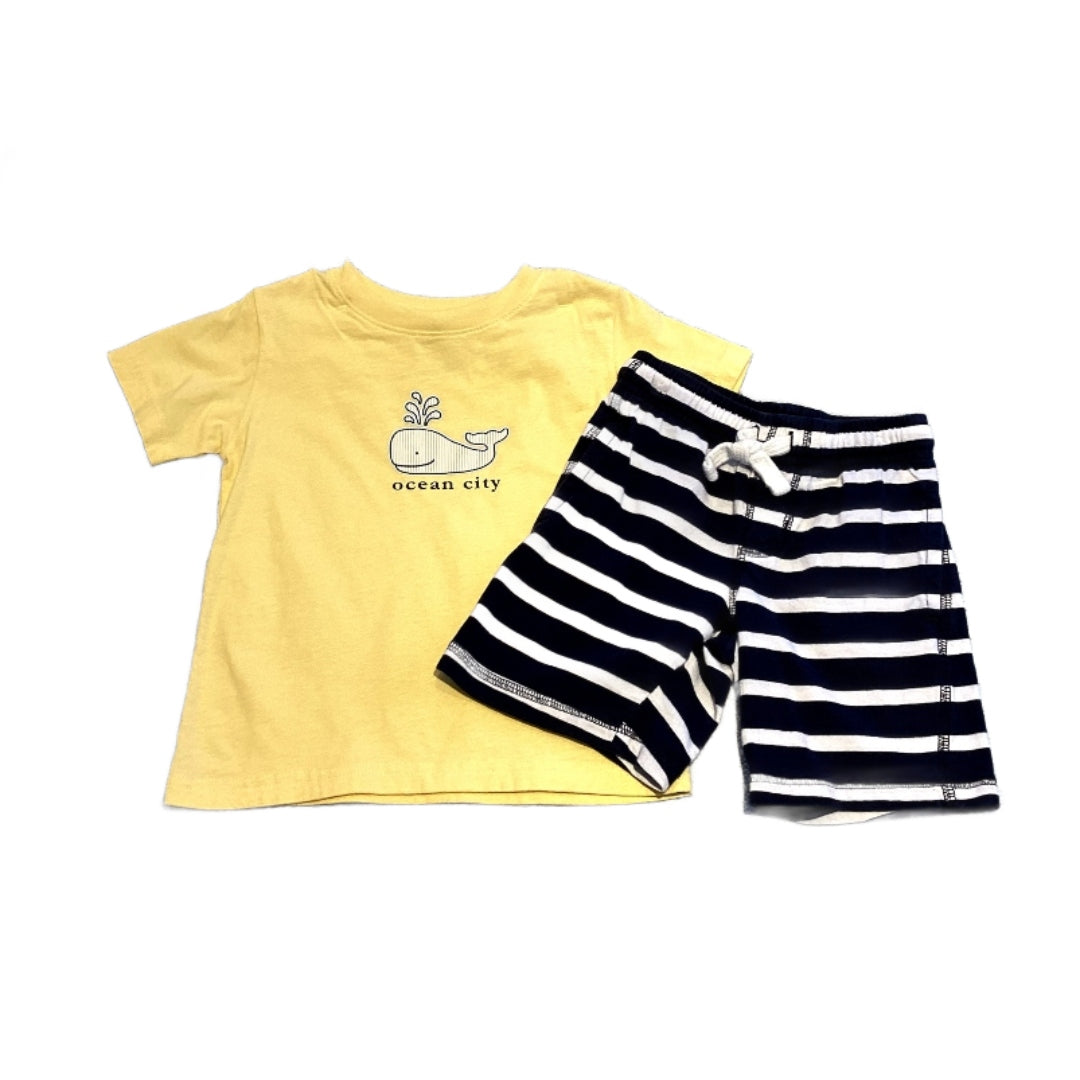 2T Boys Ocean City Light Yellow Whale Tshirt, Gymboree Navy Blue and White Striped Shorts