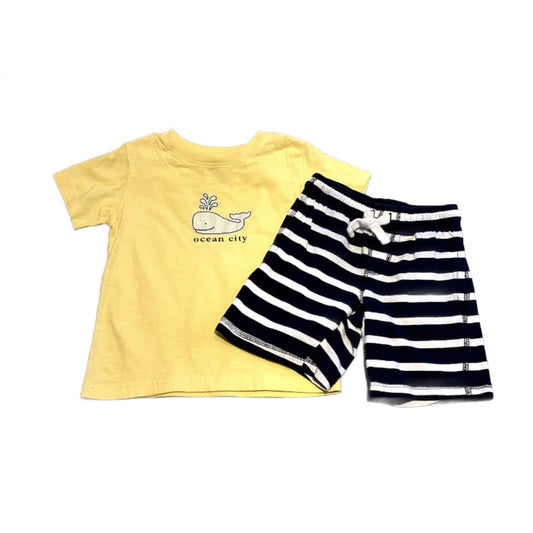 2T Boys Ocean City Light Yellow Whale Tshirt, Gymboree Navy Blue and White Striped Shorts