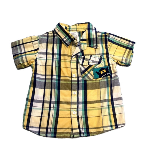 2T Boys Yellow and Blue Plaid Shirt with Monster Patch on Front Pocket