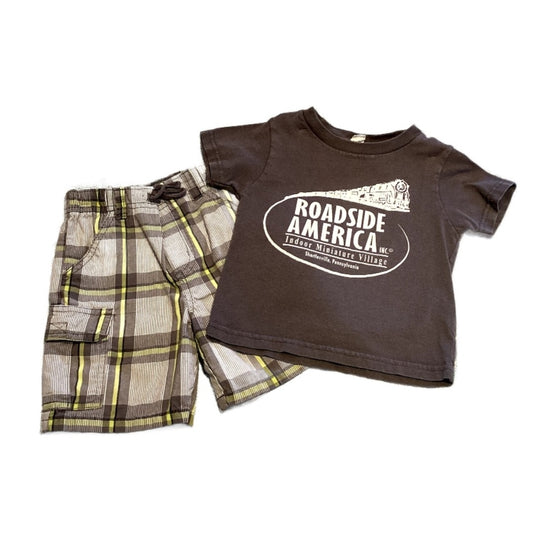 2T Boys Roadside America Tshirt, Toughskins Gray and Green Plaid Shorts