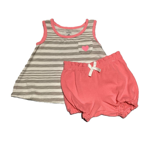 9-12 Girls Carter's White/Gray w/Pink Heart, Amazon Pink Ruffled Shorts