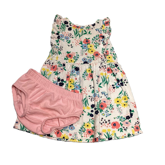 9-12 Girls Carter's White Dress w/Green/Yellow/Blue Flowers & Bloomers
