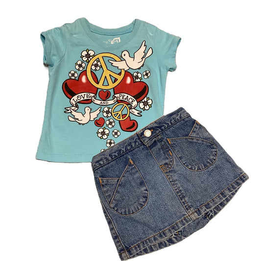 9-12 Girls The Children's Place Aqua Love & Peach Tshirt, Wonderkids Denim Skirt