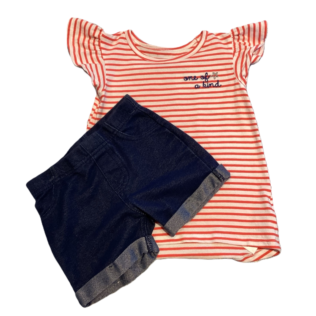 2T Girls Carter's One of a Kind Red and White Striped Shirt, Garanimals Denim Stretch Shorts
