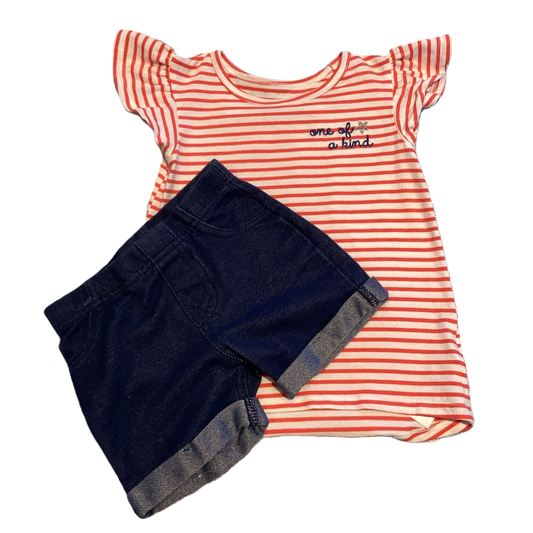 2T Girls Carter's One of a Kind Red and White Striped Shirt, Garanimals Denim Stretch Shorts