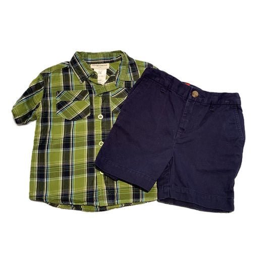 12-18 Boys ToughSkins Green Plaid Button Down, Chaps Navy Blue Shorts