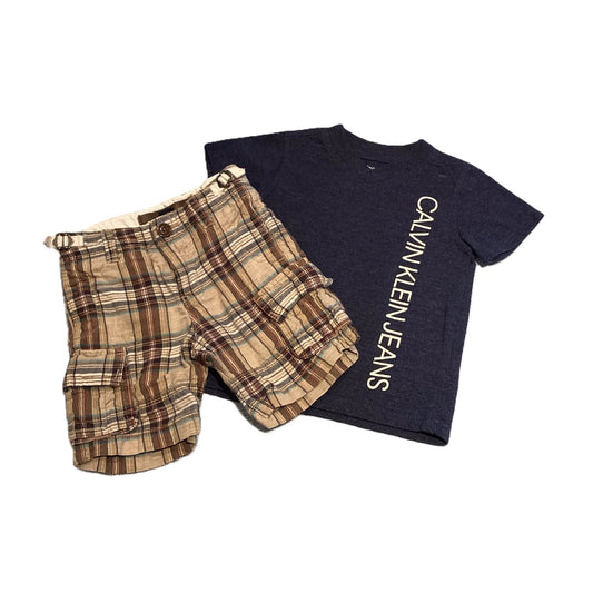 12-18 Boys Calvin Klein Blue V-Neck, Baby Gap Multi-Colored Plaid Shorts