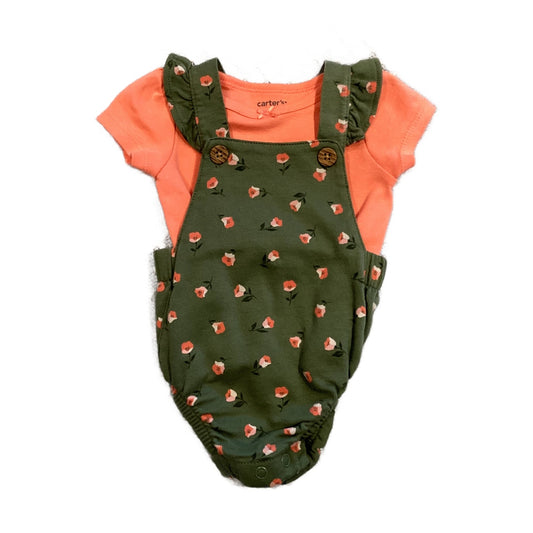 0-3 Girls Carter's Army Green Floral Bubble Overalls, Neon Pink Carter's Tshirt