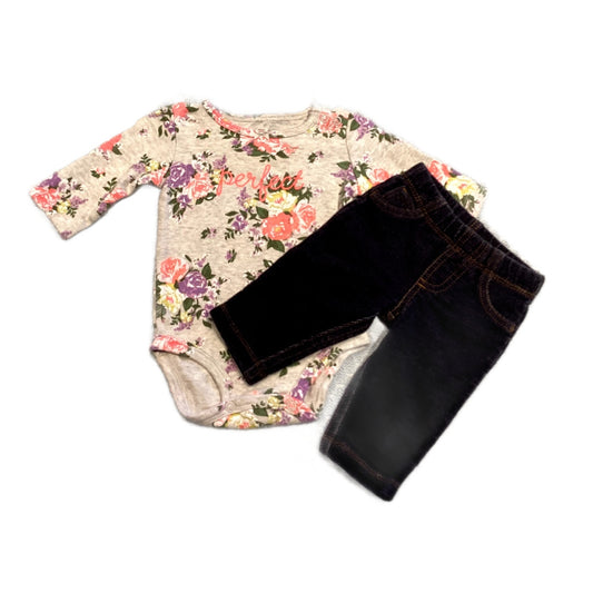 0-3 Girls Carter's Perfect Floral Long-Sleeved Onesie, Carter's Stretchy Denim Pants