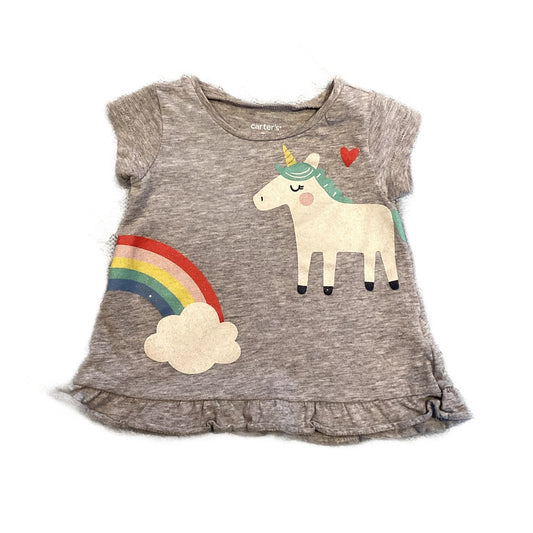 0-3 Girls Carter's Unicorn and Rainbow Gray Tshirt with Ruffle across the Bottom