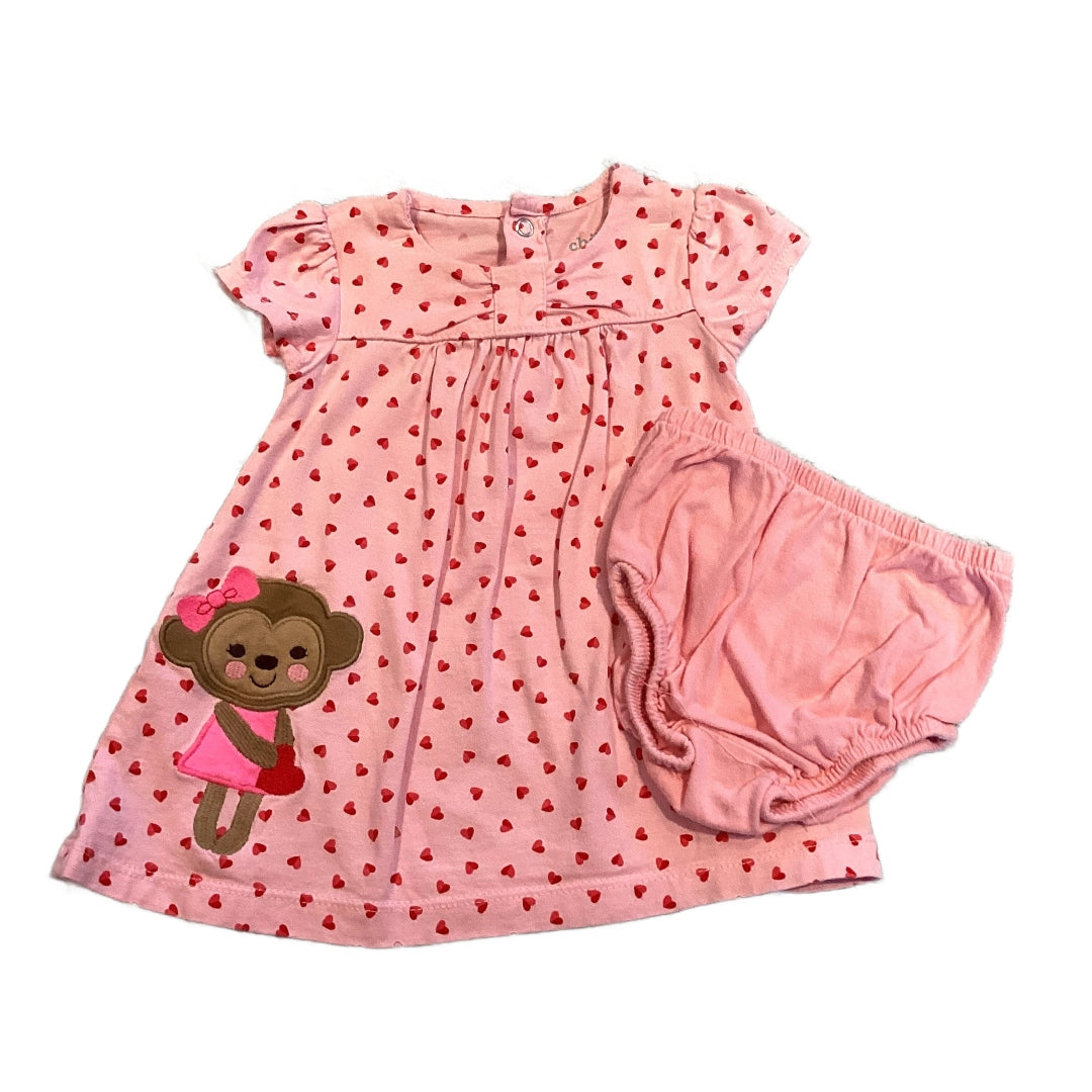 0-3 Girls Child of Mine Pink and Red Monkey Hearts Dress with Pink Bloomers