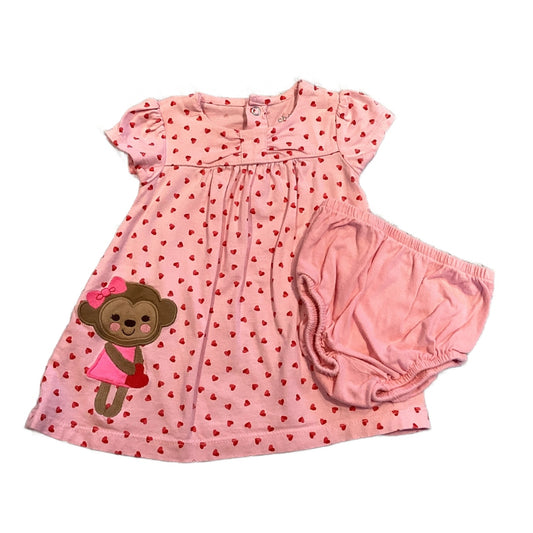 0-3 Girls Child of Mine Pink and Red Monkey Hearts Dress with Pink Bloomers