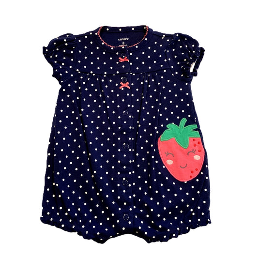 0-3 Girls Carter's Navy Blue and White Polkadot Bubble Onesie with Strawberry Decal