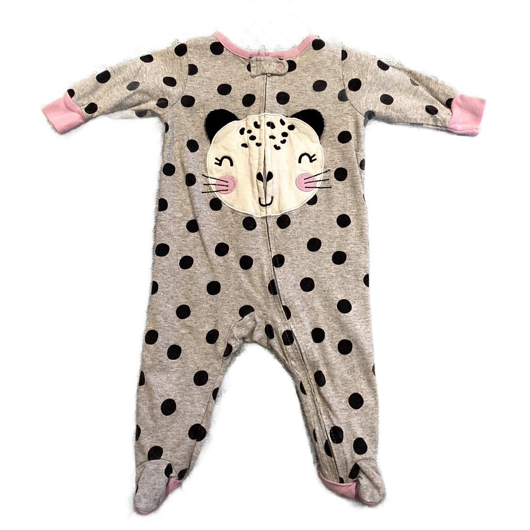 0-3 Girls Gerber Zip-Up Longsleeved Sleeper, Tiger Decal, and Gray Polka Dots