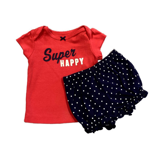 0-3 Girls Carter's Super Happy Tshirt with Matching Navy Blue Polka-Dot Shorts with Heart