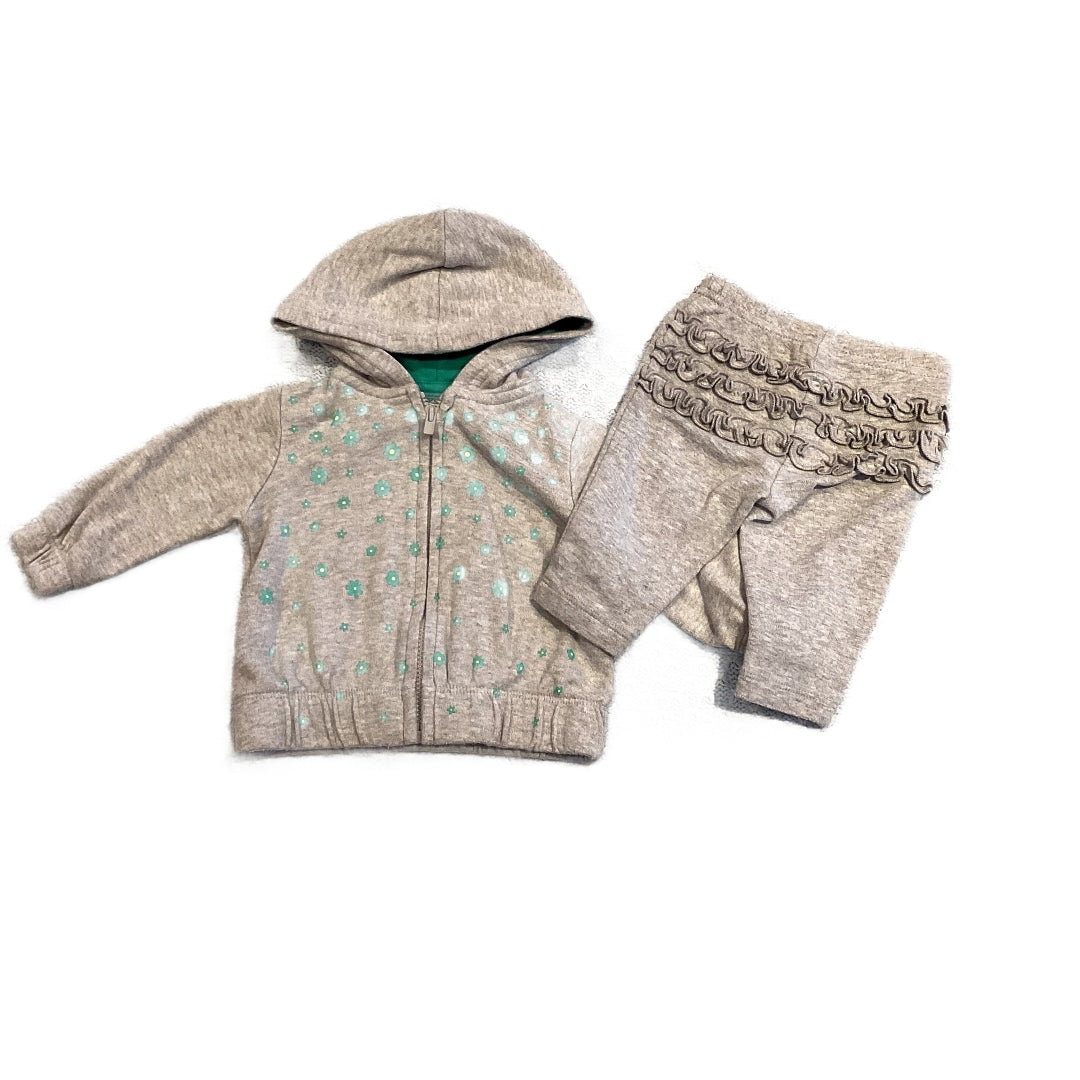 0-3 Girls Just One You Gray and Teal Floral Sweatshirt with Zipper, Gray Leggings with Ruffles