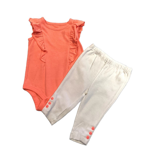 0-3 Girls Cat and Jack Neon Orange Onesie with Ruffles, Carter's White Leggings with Neon Orange Buttons