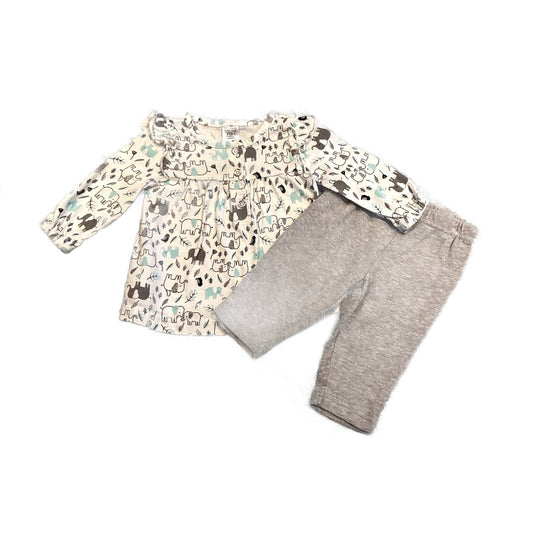 0-3 Girls Just One You White, Gray, and Blue Elephant Blouse, Matching Gray Leggings