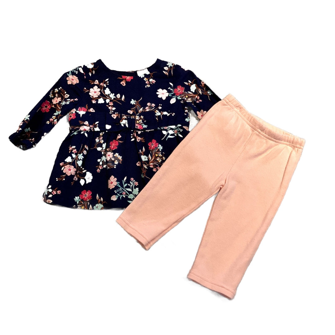 0-3 Girls Carter's Navy Blue and Multi-Colored Floral Blouse with Bow, Kyle & Deena Baby Pink Leggings