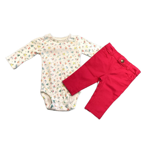 0-3 Girls Carter's White Floral Long-Sleeved Onesie, Garanimals Neon Pink Jeans