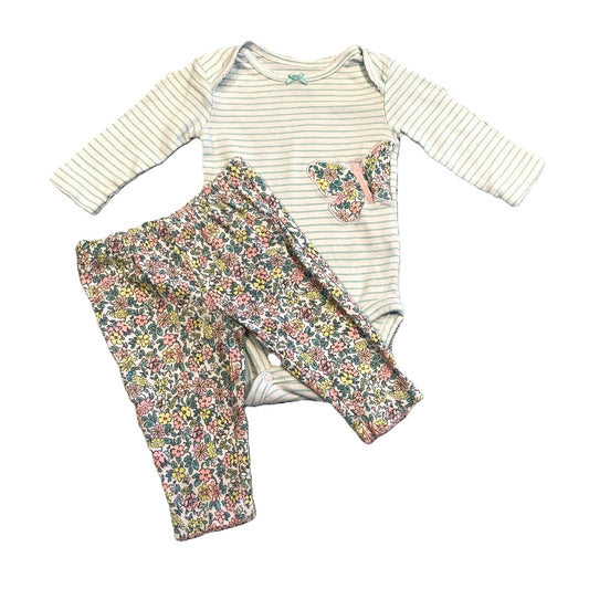0-3 Girls Carter's Baby Blue Striped Onesie with Floral Butterfly, Matching Floral Leggings with Butterfly
